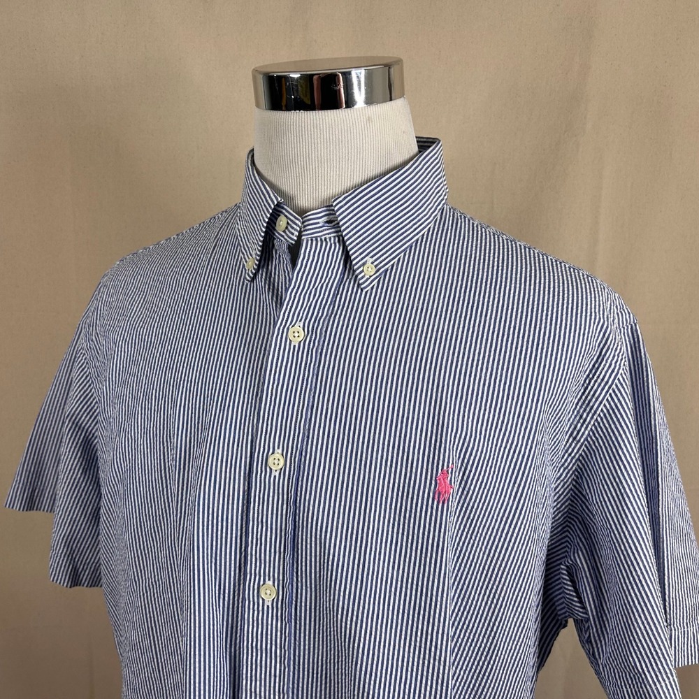Ralph Lauren XL Seersucker Shirt Blue White Striped Button Down Cotton Mens